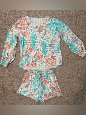 Women’s Tie-Dye Two-Piece Pajama Set - Aqua, Rose & Gray